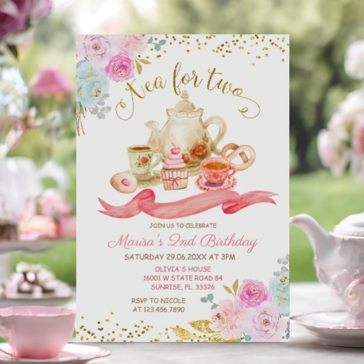 Thé pour deux fleurs roses Invitation fête d'anniv