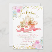Thé pour deux fleurs roses Invitation fête d'anniv (Devant)