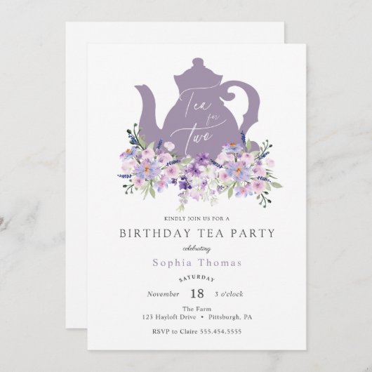 Thé pourpre pour deux invitations d'anniversaire (Devant / Derrière)