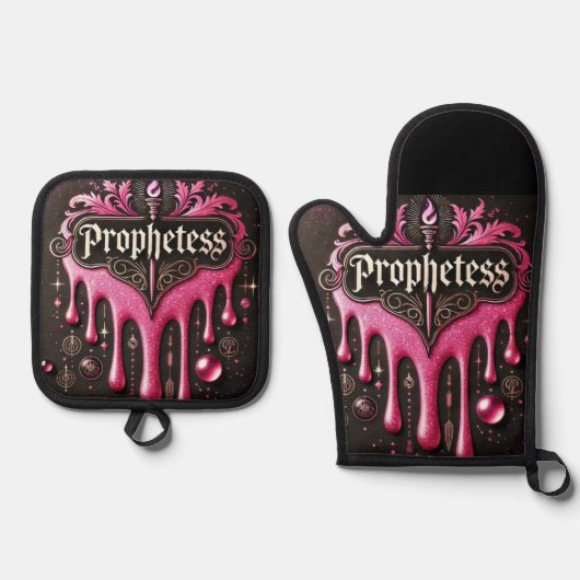 'The Prophetess' Oven Mitts & Pot Houders Set: Han Ovenwant & Pannenlap Set (Voorkant)