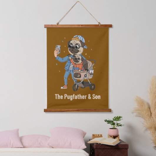 The Pugfather & Son | Funny Pug Dad & Puppy Selfi Hangend Wandkleed (Slaapkamer)