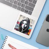 The Quiet Observer - Square Vinyl Sticker (Laptop met iPhone)