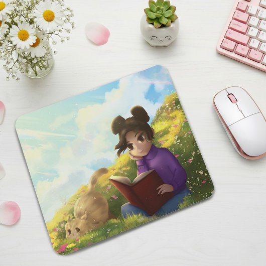 The Reading Girl and The Bored Cat Mouse Pad Muismat