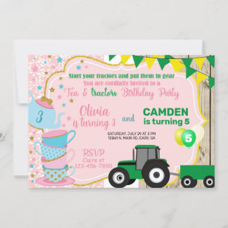 Thé & tracteurs invitation d'anniversaire des frèr