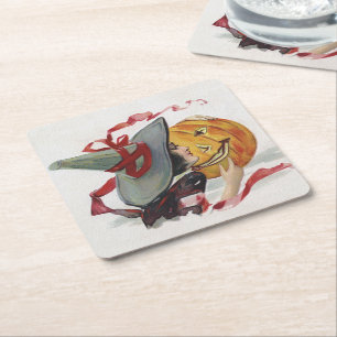 The Witch's Kiss: een Jack of Lantern op Halloween Vierkante Kartonnen Onderzetter