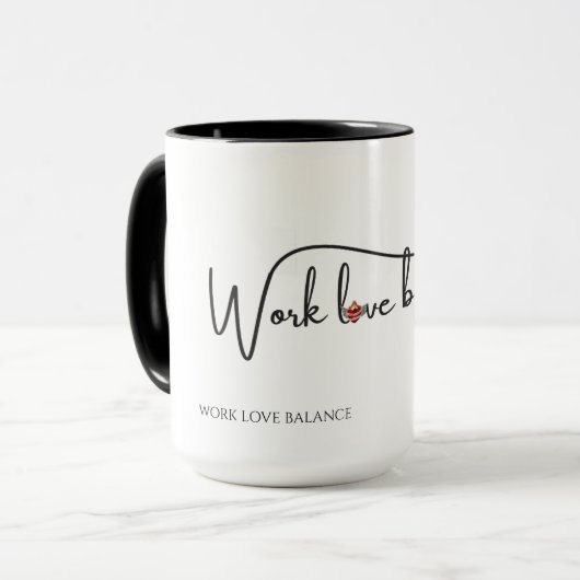 The WORK LOVE BALANCE script w/compass heart mini Mok (Voorkant links)