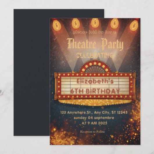 Theatre Marquee Party Invitation – Birthday invite (Devant / Derrière)
