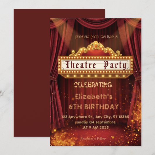 Theatre Marquee Party Invitation – Birthday invite (Devant / Derrière)