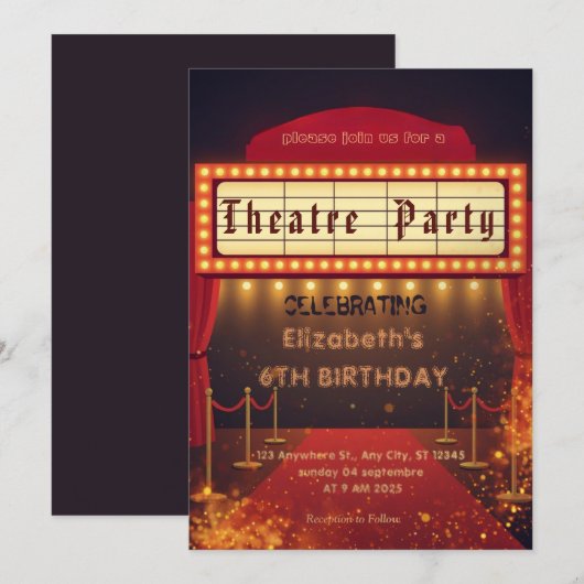 Theatre Marquee Party Invitation – Birthday invite (Devant / Derrière)