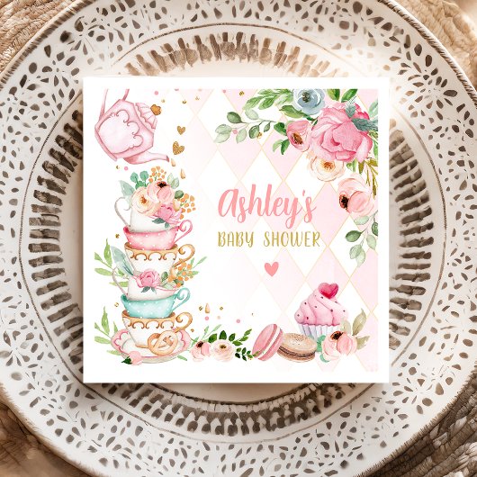 Thee Baby shower Roze Bloemenmeisje Baby is Brouwe Servet