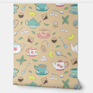 Thee Cups en theepotten Engels Tea Shop Decor Behang