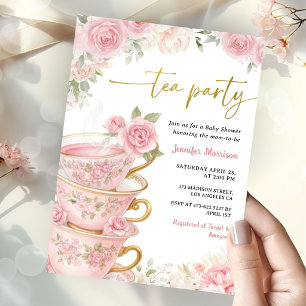 Thee feestje baby shower meisje roze & gouden bloe kaart