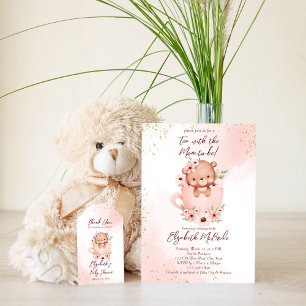 Thee feestje baby shower roze teddy in een kopje  kaart