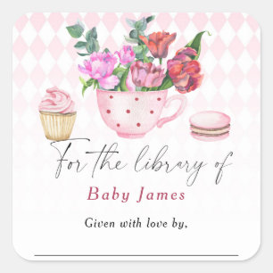 Thee feestje baby shower - Voor de bibliotheek van Vierkante Sticker