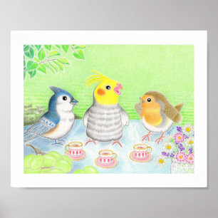 Thee feestje van schattige vogels kinderkamer kuns poster