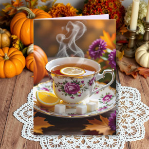 Thee in een theekopje, mama's, pompoen herfst kaart