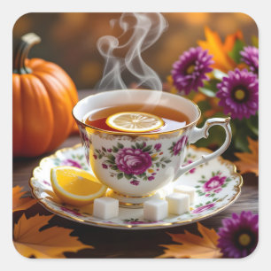Thee in een theekopje, mama's, pompoen herfst vierkante sticker