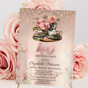 Thee Kop Bloemen Glitter Roze Goud 40e Verjaardag Kaart