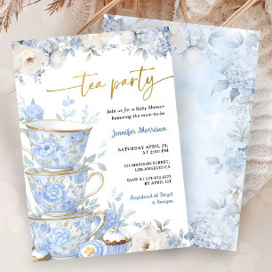 Thee Party Baby Shower Jongen Stof Blauw Bloem Kaart