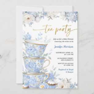Thee Party Baby Shower Jongen Stof Blauw Bloem Kaart