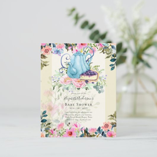 Thee-uurtje verjaardagsfeest baby shower uitnodigi (Staand voorkant)