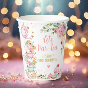 Thee Verjaardagsfeest Roze Bloemenmeisje Par-tea B Papieren Bekers