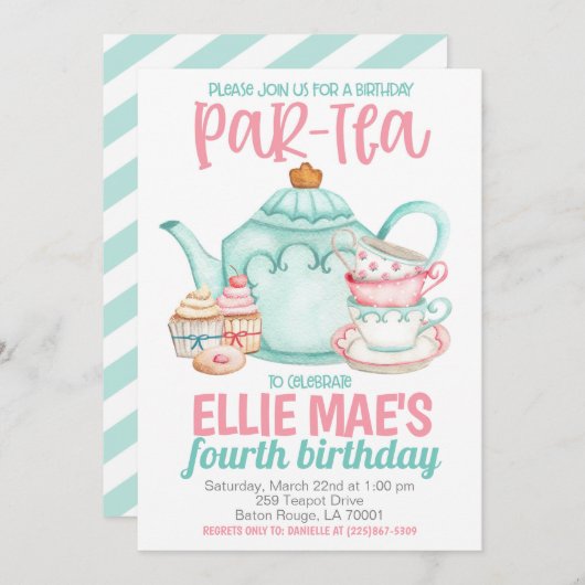 Thee Verjaardagsfeest Uitnodiging (Voorkant / Achterkant)
