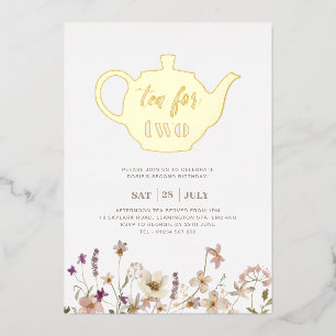 Thee voor twee bloemen verjaardag - Goud Folie Uitnodiging