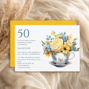 Theeblad Geel Blauwe Bloemen 50ste Verjaardag Kaart