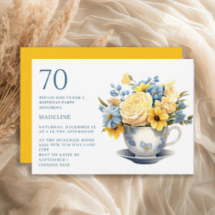Theeblad Geel Blauwe Bloemen 70ste Verjaardag Kaart