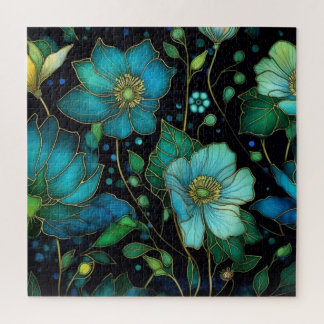 Theeblauwe bloemig glas-in-lood botanisch legpuzze legpuzzel