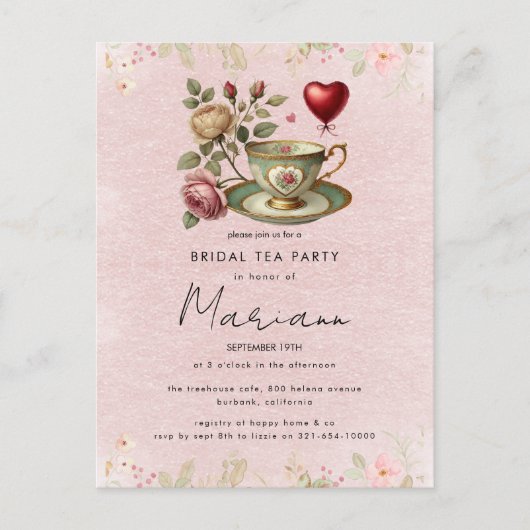 Theebruidspartij Uitnodiging met Theepot en Bloeme (Voorkant)