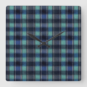 Theegroen & marineblauw tartan geruite ronde wandk vierkante klok