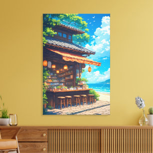 Theehuis met Zeezicht Lantaarn Canvas Afdruk