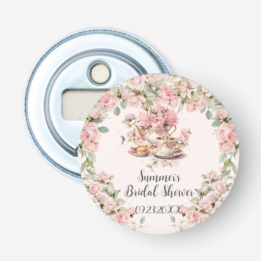 Theehuwelijk met roze bloemen in vintage stijl button flesopener (Voorkant)