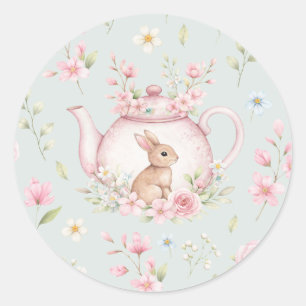 Theekanne met Konijn Roze Bloemen Lente Ronde Sticker