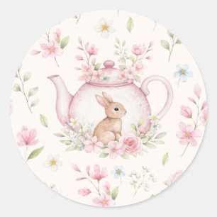 Theekanne met Konijn Roze Bloemen Lente Ronde Sticker