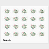 Theekanne met roze pioenrozen in waterverf Classic Ronde Sticker (Vel)