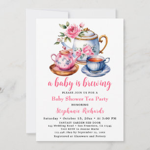 Theeketel Roze Roos Bloem Thee Party Baby Shower Kaart