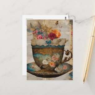 Theekop Collage Mixed Media Fantasie Briefkaart