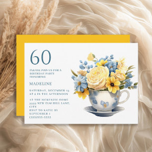 Theekopje Gele Blauwe Bloemen 60e Verjaardag Kaart