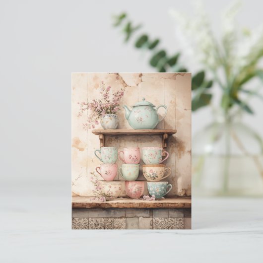 Theekopjes en theepot set rustiek briefkaart (Staand voorkant)