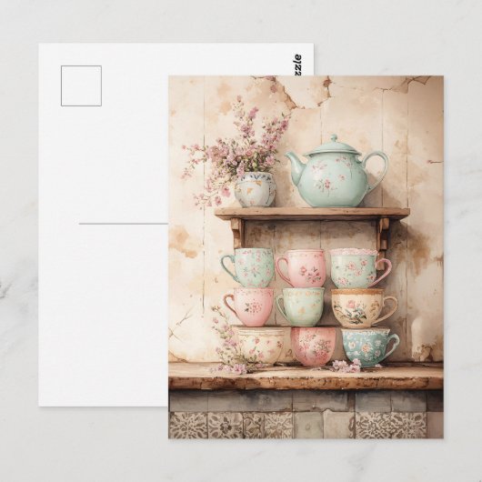 Theekopjes en theepot set rustiek briefkaart (Voorkant / Achterkant)