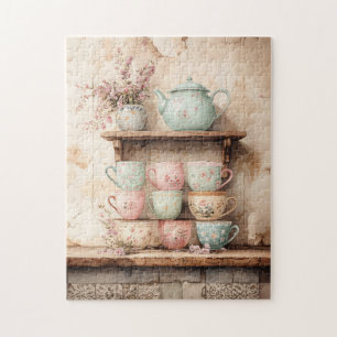 Theekopjes en theepot set rustiek legpuzzel