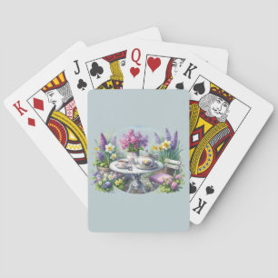 Theekrans met vintage bloemen in de tuin pokerkaarten