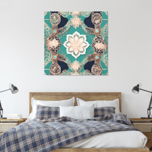 Theelblauwe en roze gouden Mandala Kantwerk Canvas Afdruk