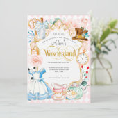 Theepartij Alice in wonderland roze meisje verjaar Kaart (Staand voorkant)