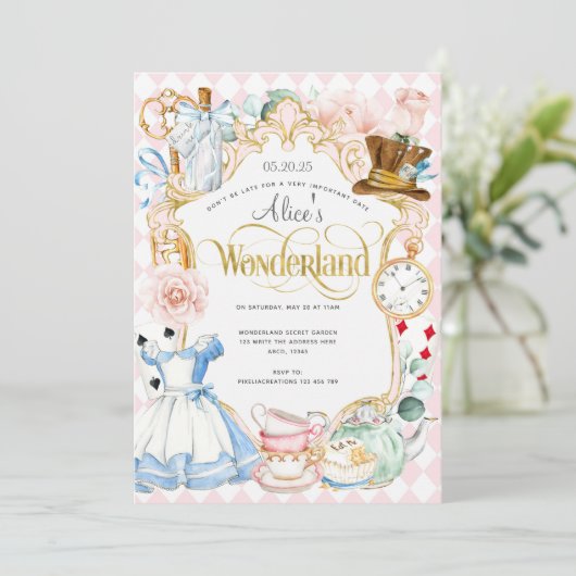 Theepartij Alice in wonderland roze meisje verjaar Kaart (Staand voorkant)