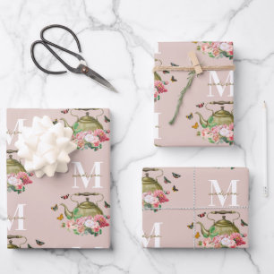 Theepartij Roze Bloemen & Vlinders Monogram Inpakpapier Vel