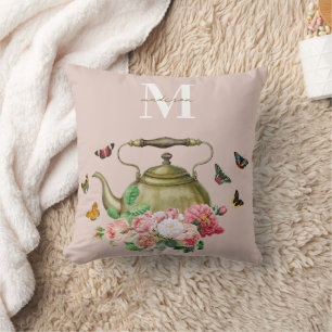 Theepartij Roze Bloemen & Vlinders Monogram Kussen